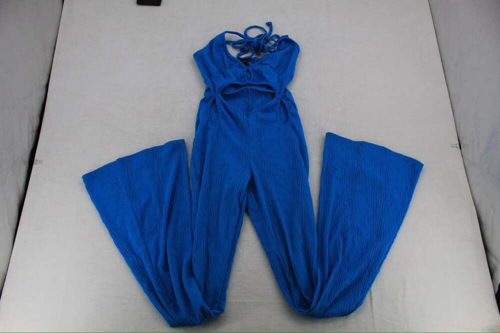 PrettyLittleThing Blue Ribbed Halterneck Cut Out Wide Leg Jumpsuit